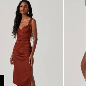 Astr Alva Midi Ruched Satin Dress Rust